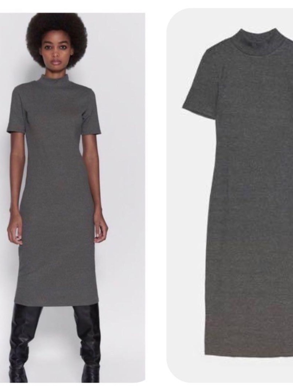 Zara Charcoal Gray Mock Neck Midi Dress